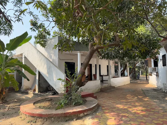 Lodging buildings around a tree-shaded paved path
